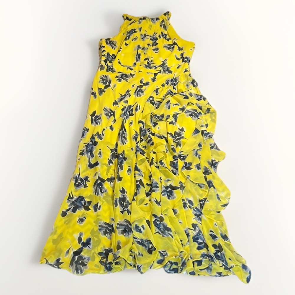 Stunning Yellow Floral Maxi Dress Halter Neck Eliza J sz 16 Ruffles Navy Flowers